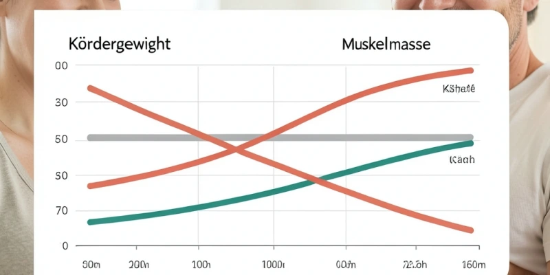 Verlaufsgrafik: Körpergewicht (stabile Linie), Körperfettanteil (sinkende Kurve), Muskelmasse (steigende Kurve) über 16 Wochen – visualisiert, dass die Waage nichts zeigt, obwohl sich die Körperzusammensetzung verändert