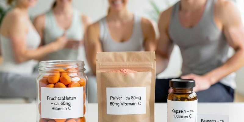 Verschiedene Acerola-Produktformen nebeneinander: Fruchttabletten, Pulver, Kapseln – mit kurzer Beschriftung je Form und typischem Vitamin-C-Gehalt pro Tagesdosis