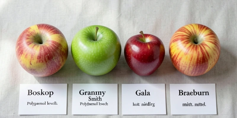 Vier Apfelsorten nebeneinander (Boskop, Granny Smith, Gala, Braeburn) mit kurzer Beschriftung: Polyphenolgehalt relativ (hoch / mittel / niedrig)