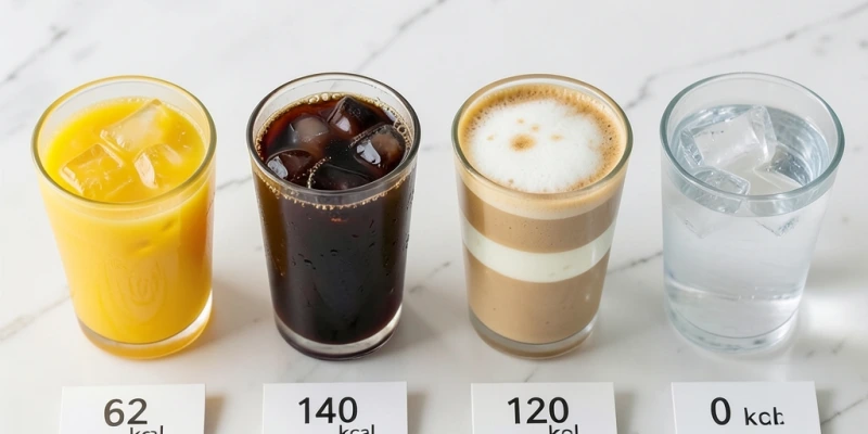 Vier gängige Getränke nebeneinander mit Kalorienangabe: 400 ml Orangensaft, 400 ml Cola, 400 ml Latte Macchiato, 400 ml Wasser – visuell klar unterschieden, ohne Wertung.