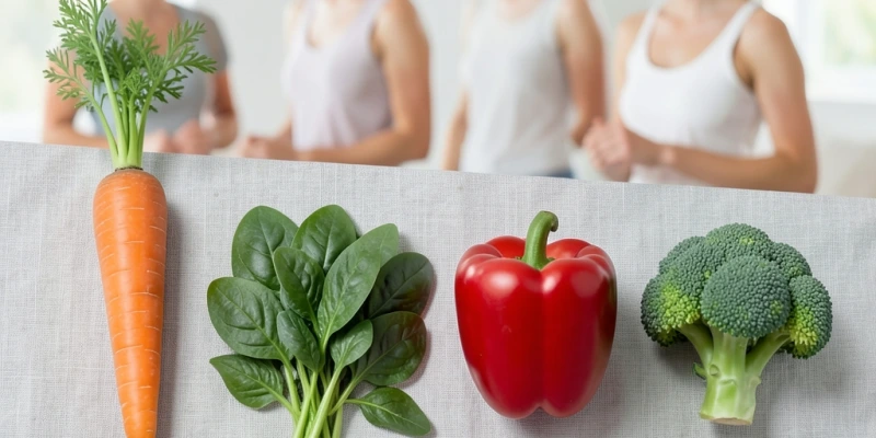 Vier Gemüsesorten nebeneinander – Karotte, Spinat, Paprika, Brokkoli – mit einem kleinen Hinweis-Symbol bei jeder: „fettlösliche Vitamine brauchen Fett zur Aufnahme"