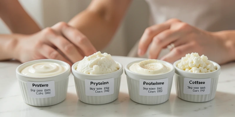 Vier kleine Schüsseln nebeneinander mit je 100 g Magerquark, Skyr, griechischem Joghurt und Hüttenkäse – mit sichtbaren Texturunterschieden, beschriftet mit Protein- und Kalorienangaben