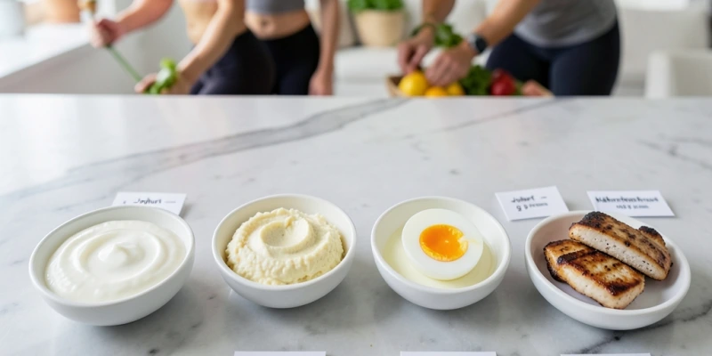 Vier Mahlzeiten nebeneinander mit jeweils sichtbarem Proteingehalt – z. B. Joghurt 6 g, Quark 18 g, Ei 6 g, Hähnchenbruststreifen 31 g – als klarer visueller Vergleich