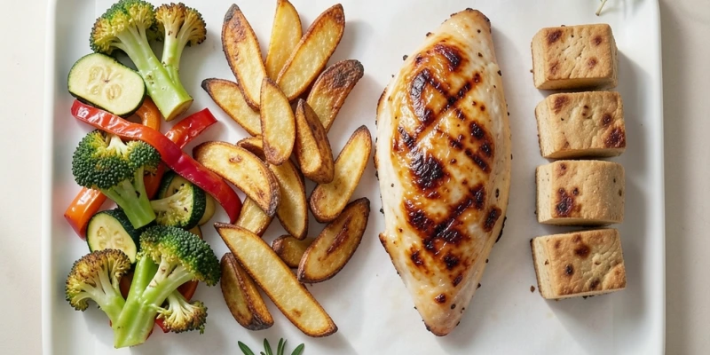 Vier nebeneinandergelegte Airfryer-Ergebnisse: Gemüse, Kartoffelwedges, Hähnchenbrust, Tofu – jedes leicht gebräunt, kein sichtbares Fett am Boden des Korbs