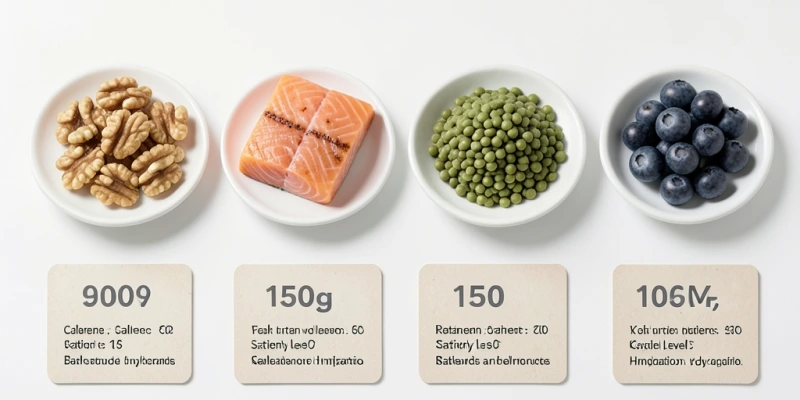 Vier nebeneinanderstehende Portionsgrößen auf weißem Grund: 30 g Walnüsse, 150 g Lachs, 150 g Linsen (gekocht), 100 g Blaubeeren – jeweils mit Grammangabe und kurzer Stichwortreihe: „200 kcal / sättigend / reich an…"