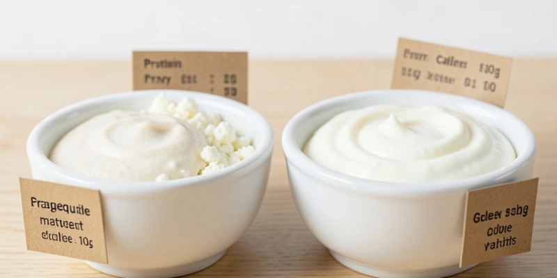 Vier Schüsseln nebeneinander mit je 100 g Magerquark, Skyr, Hüttenkäse und griechischem Joghurt – visueller Vergleich der Konsistenz, dazu Beschriftung der Protein- und Kalorienwerte