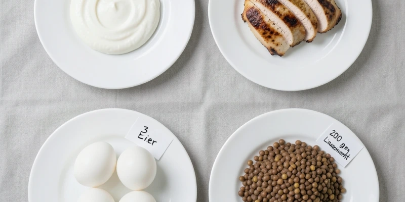 Vier Teller nebeneinander, jeweils mit einer Proteinquelle für 25–30 g Protein: 150 g Magerquark, 100 g Hähnchenbrust, 3 Eier, 200 g gegarte Linsen – mit Gewichtsangabe am Tellerrand