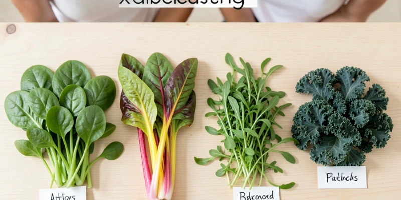 Vier verschiedene Blattgemüsesorten nebeneinander – Spinat, Mangold, Rucola, Grünkohl – mit dem Hinweis „Wechseln reduziert Oxalatbelastung"