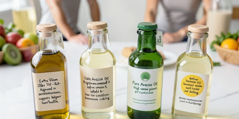 Vier verschiedene Öle in kleinen Glasflaschen nebeneinander – Olivenöl, Rapsöl, Avocadoöl, Sonnenblumenöl – mit Beschriftung der jeweiligen Eigenschaften