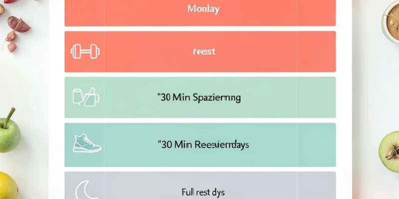 Visualisierung: Wochenplan mit 3 Trainingstagen, 2 aktiven Erholungstagen (z. B. Spaziergang 30 Minuten), 2 Ruhetagen – klare Balkenstruktur