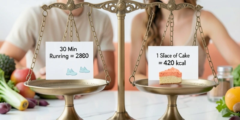 Visualisierung zweier Waagen: links „30 Minuten Laufen = ca. 280 kcal", rechts „1 Stück Kuchen = ca. 420 kcal" – visueller Vergleich des Energiesaldos