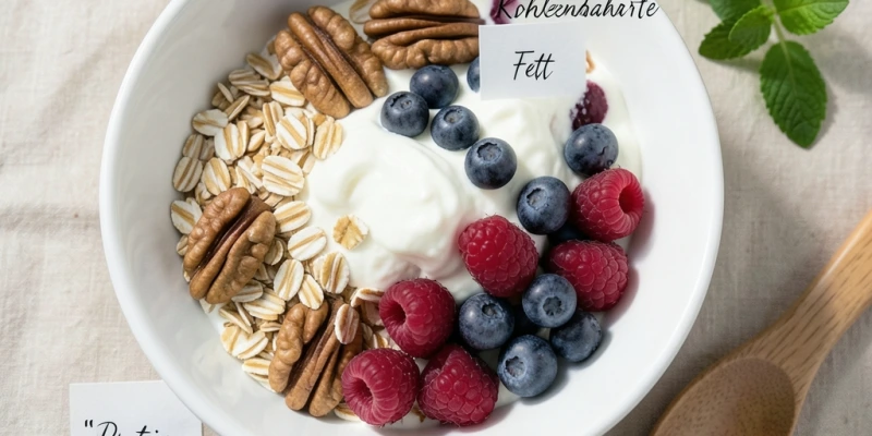 Vollständige Frühstücksschüssel mit Kennzeichnung der Makronährstoffe – z. B. Quark (Protein), Haferflocken (Kohlenhydrate), Walnüsse (Fett), Beeren (Mikronährstoffe/Ballaststoffe)
