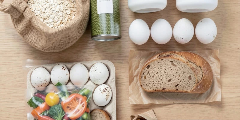 Wocheneinkauf für Blutzucker-stabilisierende Mahlzeiten: Haferflocken, Linsen, Skyr, Eier, Tiefkühlgemüse, Vollkornbrot, Nüsse – gesamte Menge auf ca. 25–30 Euro Kassenzettel beziffert