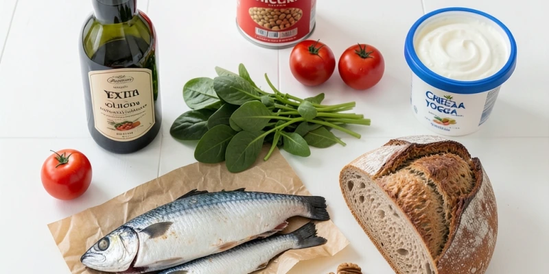 Wocheneinkauf für mediterrane Ernährung: sichtbar Olivenöl, eine Dose Kichererbsen, frische Tomaten, Spinat, zwei Makrelenfilets, Vollkornbrot, Walnüsse und griechischer Joghurt – keine Spezialprodukte, Supermarktware