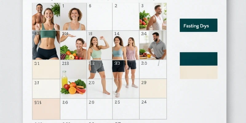 Wochenkalender mit zwei markierten Fastentagen und fünf normalen Tagen – Gesamtkalorienbilanz als einfache Grafik daneben