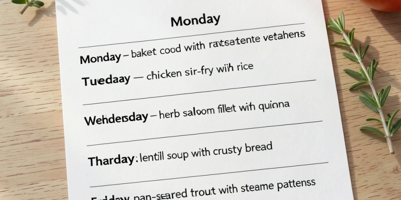 Wochenmenu-Übersicht als einfache Tabelle – fünf Abendessen, drei davon mit Fisch (z. B. Kabeljau, Lachs, Forelle), zwei mit anderen Proteinquellen; zeigt realistische Integration ohne Extrem-Ansatz