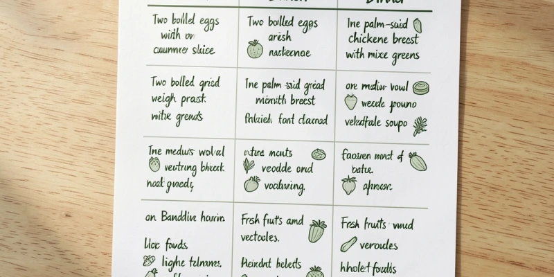 Wochenplan als einfache Tabelle – Frühstück, Mittagessen, Abendessen über 10 Tage, mit konkreten Lebensmitteln ohne Gramm-Abwiegen, aber mit klaren Portionsangaben