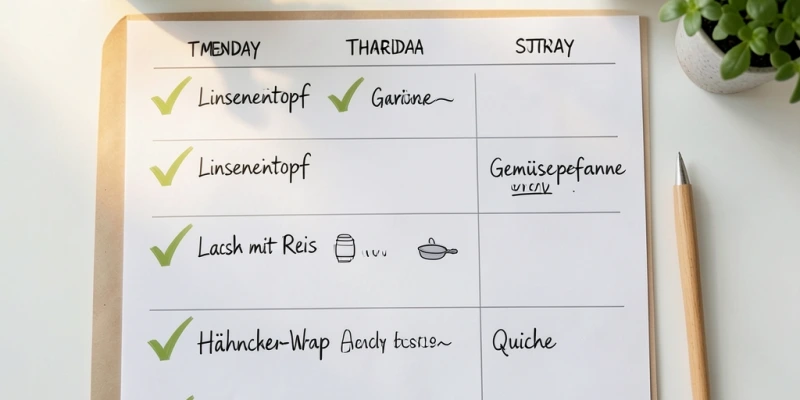 Wochenplan-Ausschnitt: 3 Abende markiert mit „Gemüsepfanne", 4 Abende mit anderen Mahlzeiten – visuell zeigen, dass Abwechslung keine Ausnahme ist