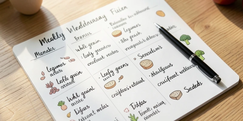 Wochenplan-Ausschnitt – 3 Tage mit konkreten vegetarischen Mahlzeiten, die Hülsenfrüchte, Vollkorn und Gemüse als Basis zeigen – keine Mengenangaben, nur Lebensmittelgruppen sichtbar