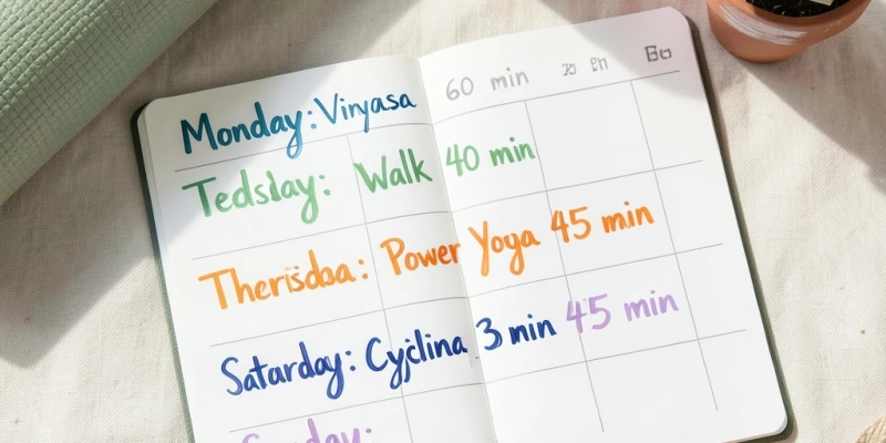 Wochenplan-Beispiel als einfache Tabelle: Mo Vinyasa 60 min, Di Spaziergang 40 min, Mi Pause, Do Power-Yoga 45 min, Fr Radfahren 30 min, Sa Yin-Yoga 45 min, So Pause