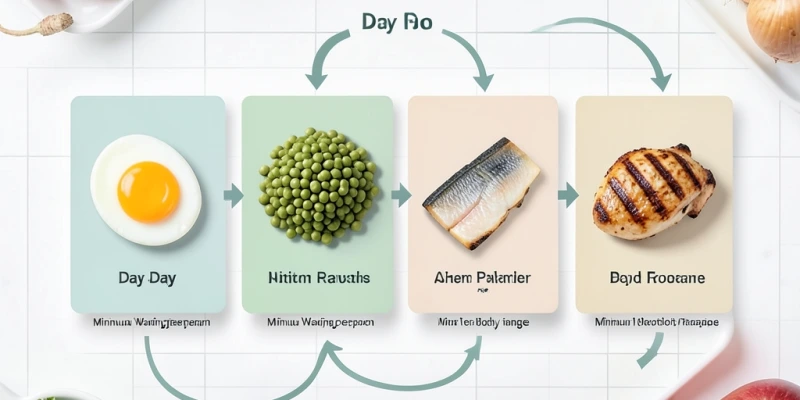 Wochenplan-Grafik: 4 Tage, je ein anderes Protein (Ei, Linsen, Fisch, Huhn) – mit Pfeilen, die zeigen, wann ein Lebensmittel frühestens wieder erscheint