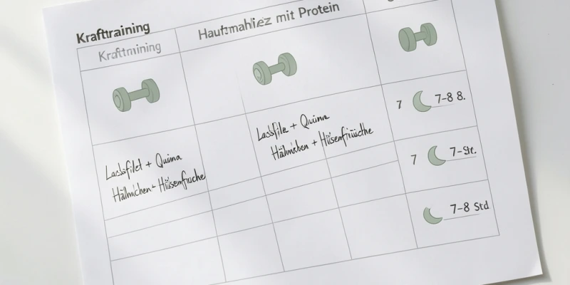 Wochenplan mit 3 Krafttrainingseinheiten, exemplarischen Mahlzeiten mit Proteinquelle pro Tag und einem Schlafzeitfenster von 7–8 Stunden – übersichtlich als Tabelle