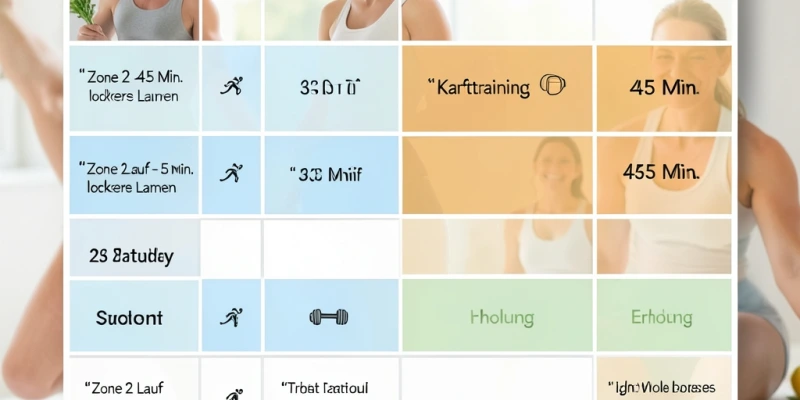 Wochenplan mit 3 Zone-2-Einheiten (z. B. Montag, Mittwoch, Freitag, je 45 Min. lockeres Laufen) und 2 Krafttrainingseinheiten (Dienstag, Donnerstag) – übersichtliche Tabelle ohne Kalorienangaben