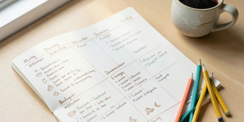 Wochenplan-Schema mit 3 Spalten: Mahlzeiten, Bewegung, Schlaf – als einfaches Raster, das zeigt, wie diese drei Hebel strukturiert nebeneinander geplant werden können, ohne dass einer den anderen verdrängt