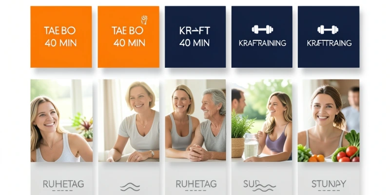 Wochenplan-Schema: Mo – Tae Bo 40 min, Di – Krafttraining, Do – Tae Bo 40 min, Fr – Krafttraining, mit Markierung der Ruhetage