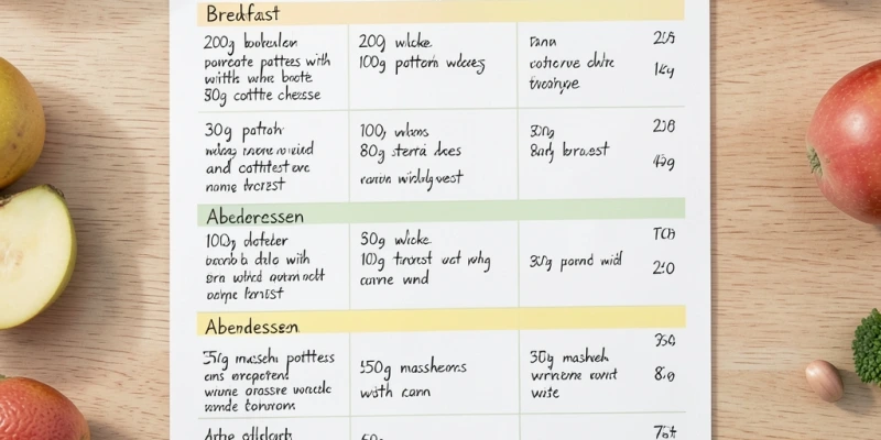 Wochenplan-Skizze: Beispielwoche einer moderaten Kartoffeldiät mit Proteinergänzung – Frühstück, Mittagessen, Abendessen, mit Mengenangaben in Gramm