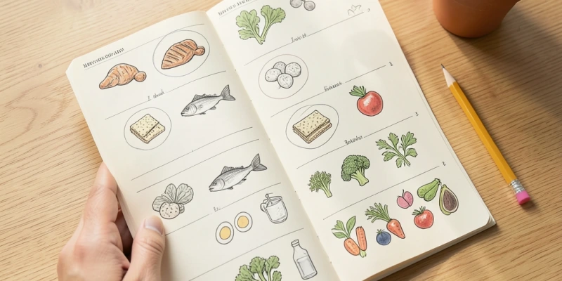 Wochenplan-Skizze mit drei Mahlzeiten pro Tag – eine davon mit Zwieback, die anderen zwei mit Protein und Gemüse, keine leeren Mahlzeiten