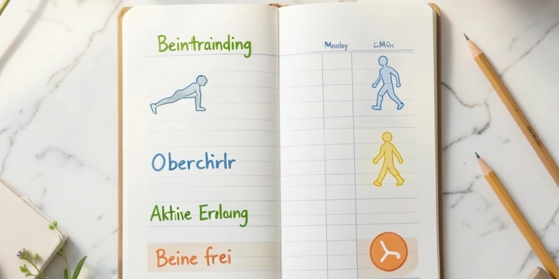 Wochenplan-Skizze: Montag Beintraining mit Ausfallschritten, Dienstag Oberkörper, Mittwoch aktive Erholung, Donnerstag Beine wieder frei – Pausenzeiten visuell markiert