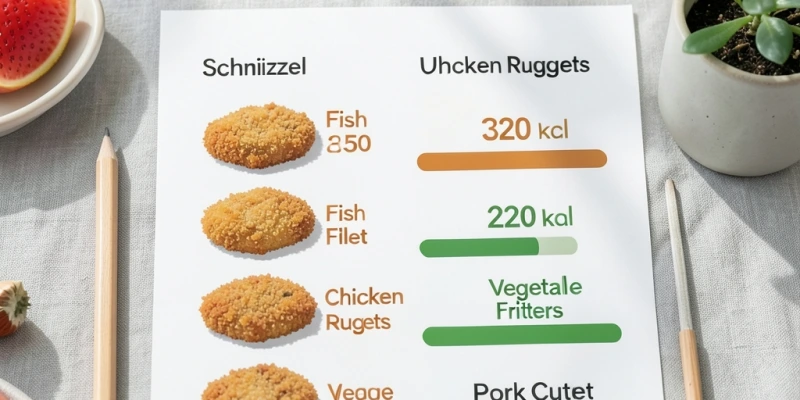 Wochentabelle: 5 typische Mahlzeiten links mit Panade (kcal geschätzt), rechts ohne Panade – visuelle Gegenüberstellung der Kaloriendifferenz