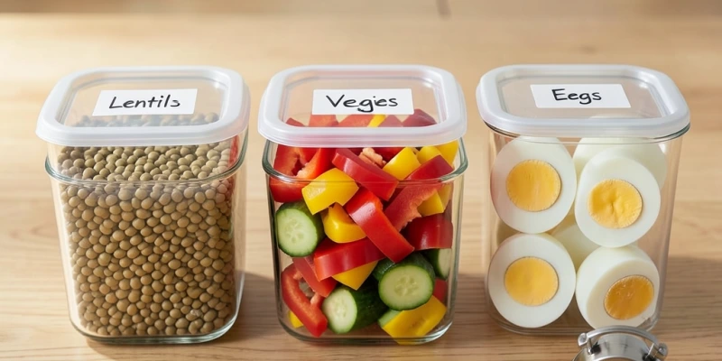 Wochentauglicher Meal-Prep-Überblick: ein Behälter mit gekochten Linsen, ein Behälter mit geschnittenem Gemüse, ein Behälter mit gekochten Eiern – beschriftet mit Zubereitungszeit unter 30 Minuten