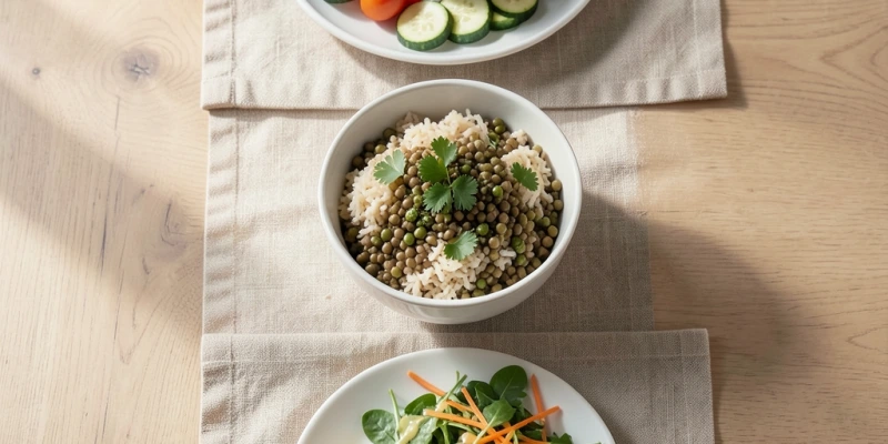 Wochenteller-Übersicht: Frühstück mit Ei und Gemüse, Mittagessen mit Hülsenfrüchten und Vollkornreis, Abendessen mit Fisch und Salat – als alltagstaugliches Strukturbeispiel, keine konkreten Gramm-Angaben