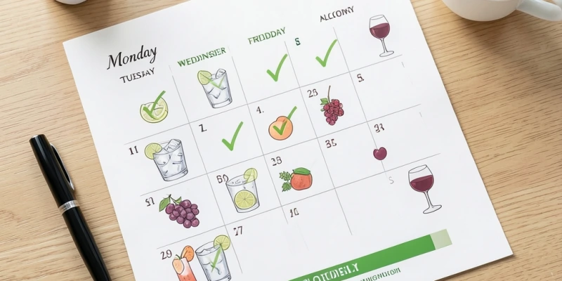 Wochenüberblick: Alkoholfreie Tage markiert vs. Alkohol-Tage – visuell zeigt, wie selektives Reduzieren an bestimmten Wochentagen den Gesamtkonsum deutlich senken kann