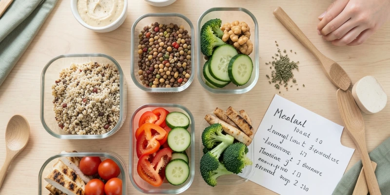 Wochenvorbereitung für Intervallfasten – vorbereitete Behälter mit Quinoa, Hülsenfrüchten, geschnittenem Gemüse und Proteinquellen auf einer Küchenarbeitsfläche
