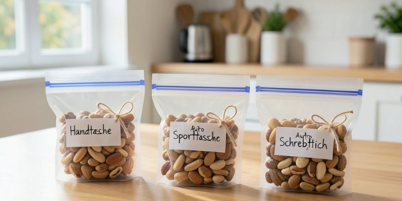 Wochenvorrat an vorbereiteten Snack-Portionen: 5 beschriftete Zip-Beutel mit je 30 g Nüssen, auf einem Küchentisch – bereit zum Verteilen in Tasche, Auto, Büro