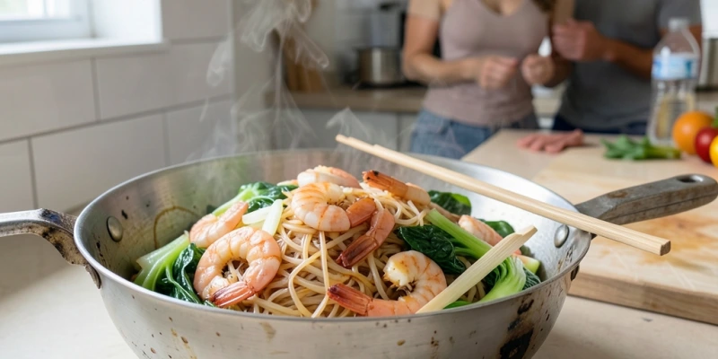 Wok-Pfanne mit Shirataki, Garnelen, Pak Choi und Sojasoße – vollständig gefüllter Teller mit sichtbaren Zutaten, keine Hochglanz-Foodfotografie, sondern realistische Darstellung einer Alltagsmahlzeit