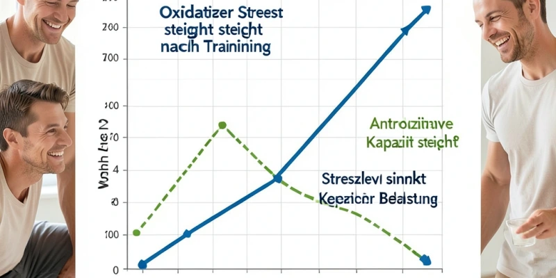 Zeitachse: Woche 1–2 – oxidativer Stress steigt nach Training; Woche 4–8 – antioxidative Kapazität steigt; Woche 8–12 – Stresslevel sinkt bei gleicher Belastung. Einfache Liniengrafik.
