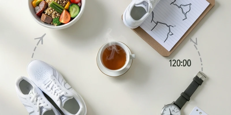 Zeitplan einer Mittagspause: 12:00 Uhr Mahlzeit (20 Min.), 12:20 Uhr Spaziergang (15 Min.), 12:35 Uhr kurze Pause, 13:00 Uhr zurück – ohne Stress, ohne Umziehen
