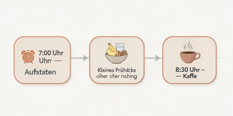 Zeitplan einer Morgenroutine: Aufstehen 7:00 Uhr → kleines Frühstück oder nichts → Kaffee 8:30 Uhr – als einfaches Zeitstrahl-Infografik