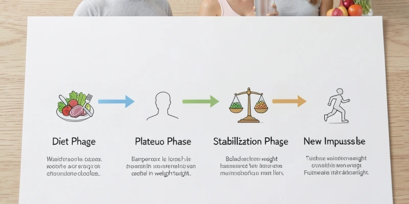 Zeitstrahl: Diätphase – Plateau – Stabilisierungsphase – neuer Impuls; mit Beschriftung, was in jeder Phase im Körper passiert