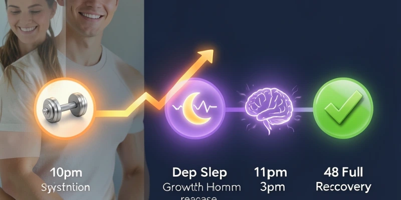 Zeitstrahl einer Regenerationsphase: Training (16 Uhr) → erhöhte Proteinsynthese (16–22 Uhr) → Wachstumshormonausschüttung im Tiefschlaf (23–3 Uhr) → Regeneration abgeschlossen (ca. 48 h nach Training)