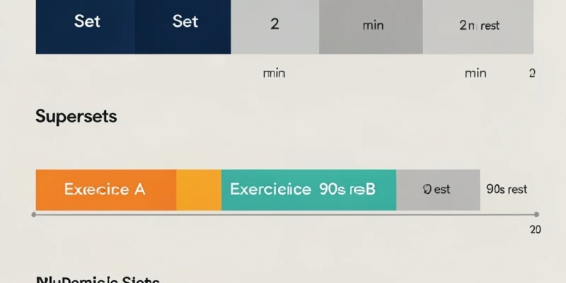 Zeitstrahl einer Trainingseinheit: Klassische Sätze (Satz → 2 min Pause → Satz) im Vergleich zu Supersätzen (Übung A → Übung B → 90 s Pause → Übung A), beide mit gleichem Volumen, aber unterschiedlicher Gesamtdauer
