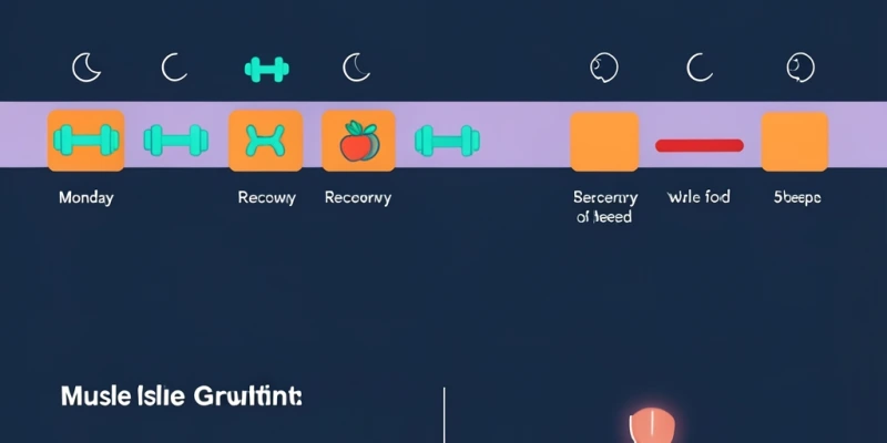 Zeitstrahl einer Trainingswoche mit eingezeichneten Regenerationsphasen und Schlafdauer – visuell zeigt: Training ohne Schlaf = kein Muskelaufbau