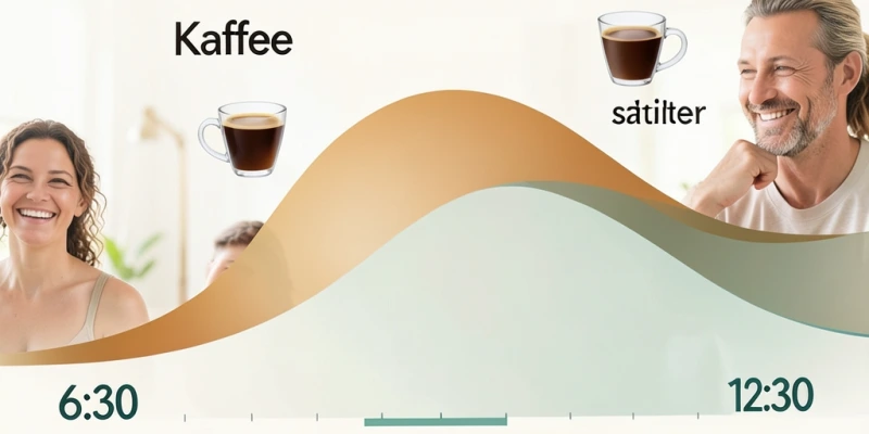 Zeitstrahl eines Morgens von 6–12 Uhr: Cortisolverlauf als Kurve, eingetragener Kaffee-Zeitpunkt früh vs. später – visuell zeigt, wie der Kaffee auf den natürlichen Peak trifft vs. danach