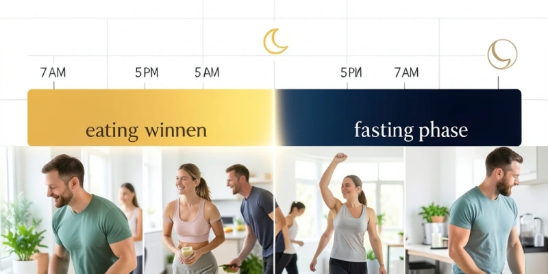 Zeitstrahl eines Tages: Essfenster 7–17 Uhr markiert, Fastenphase 17–7 Uhr des nächsten Morgens – visuell klare Trennung zwischen Ess- und Fastenzeit