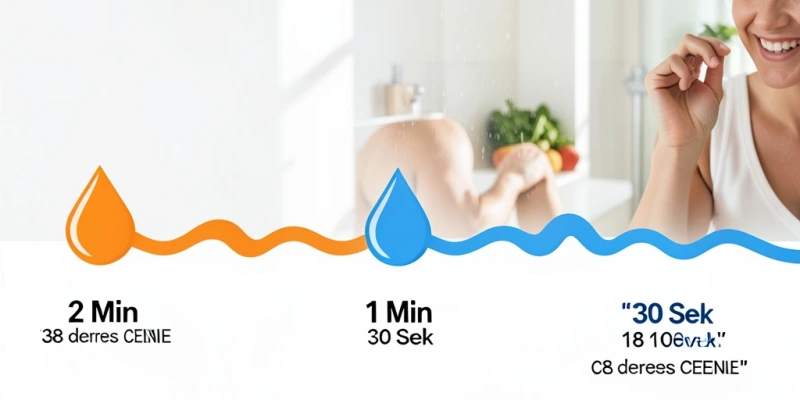 Zeitstrahl mit 5 Phasen einer Wechseldusche: 2 Min. warm → 30 Sek. kalt → 1 Min. warm → 30 Sek. kalt → 30 Sek. kalt als Abschluss, mit Temperaturangaben in Grad Celsius