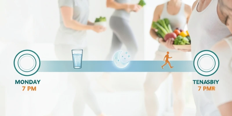 Zeitstrahl über 48 Stunden: Montag Abendessen 19 Uhr → Fastenphase → Dienstag Abendessen 19 Uhr, mit Markierung von Wassertrinken, Schlaf, Aktivität